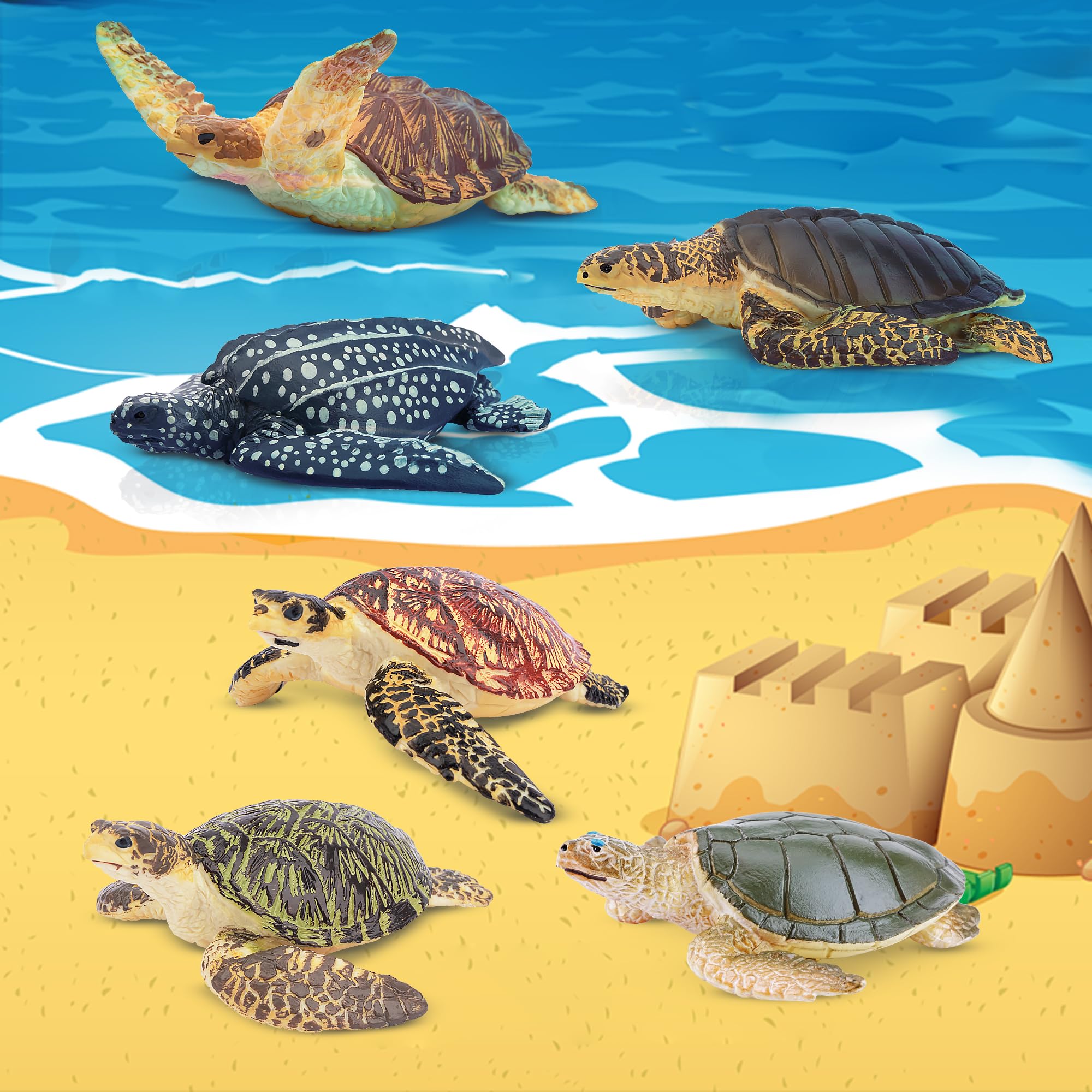 Toymany 6-Piece Realistic Sea Turtle Figurines Set - Hand Painted PVC Ocean Animal Toys for Kids, Educational Playset, Cake Toppers