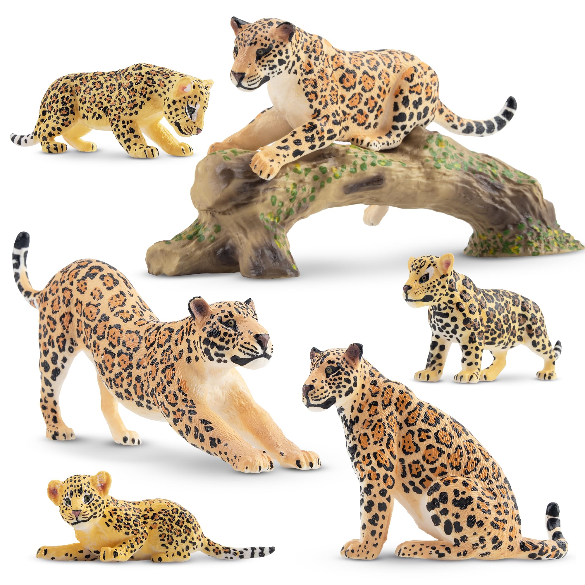 Toymany 7-Piece Leopards Family Figurines with Cubs and Tree Trunk – Realistic Jungle Animal Playset for Kids