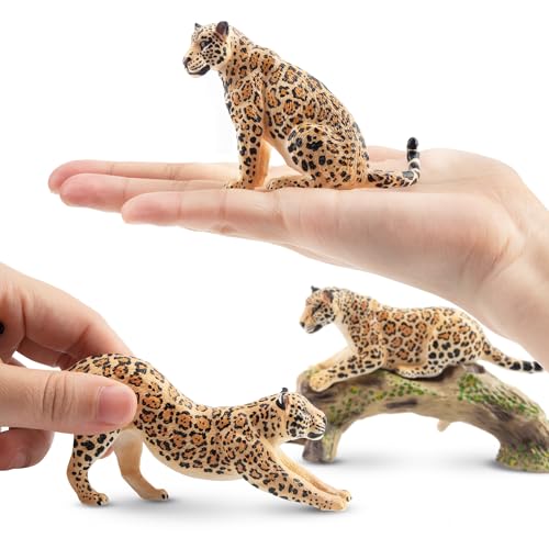 Toymany 7-Piece Leopards Family Figurines with Cubs and Tree Trunk – Realistic Jungle Animal Playset for Kids