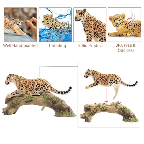 Toymany 7-Piece Leopards Family Figurines with Cubs and Tree Trunk – Realistic Jungle Animal Playset for Kids