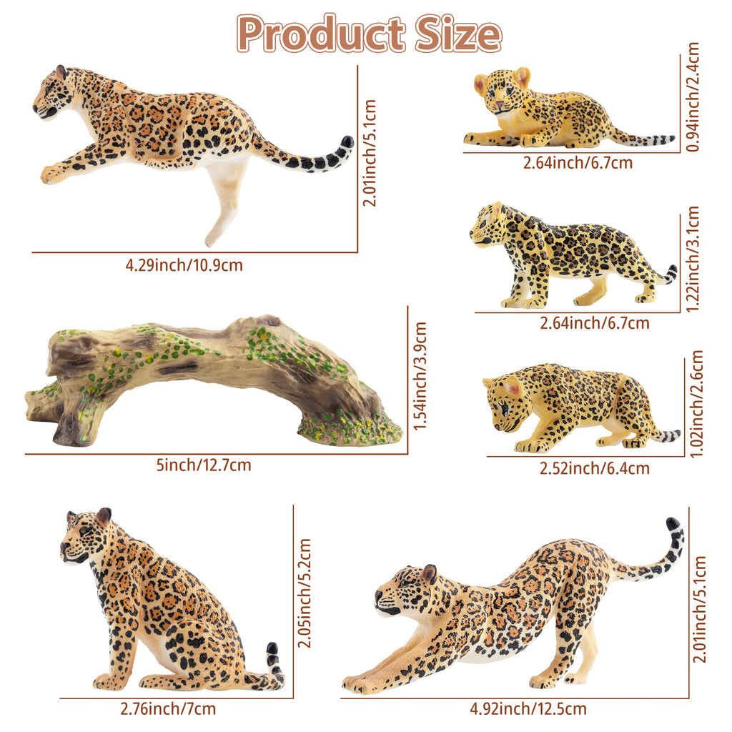 Toymany 7-Piece Leopards Family Figurines with Cubs and Tree Trunk – Realistic Jungle Animal Playset for Kids