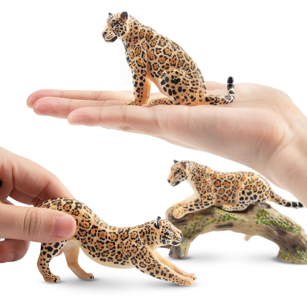 Toymany 7-Piece Leopards Family Figurines with Cubs and Tree Trunk – Realistic Jungle Animal Playset for Kids
