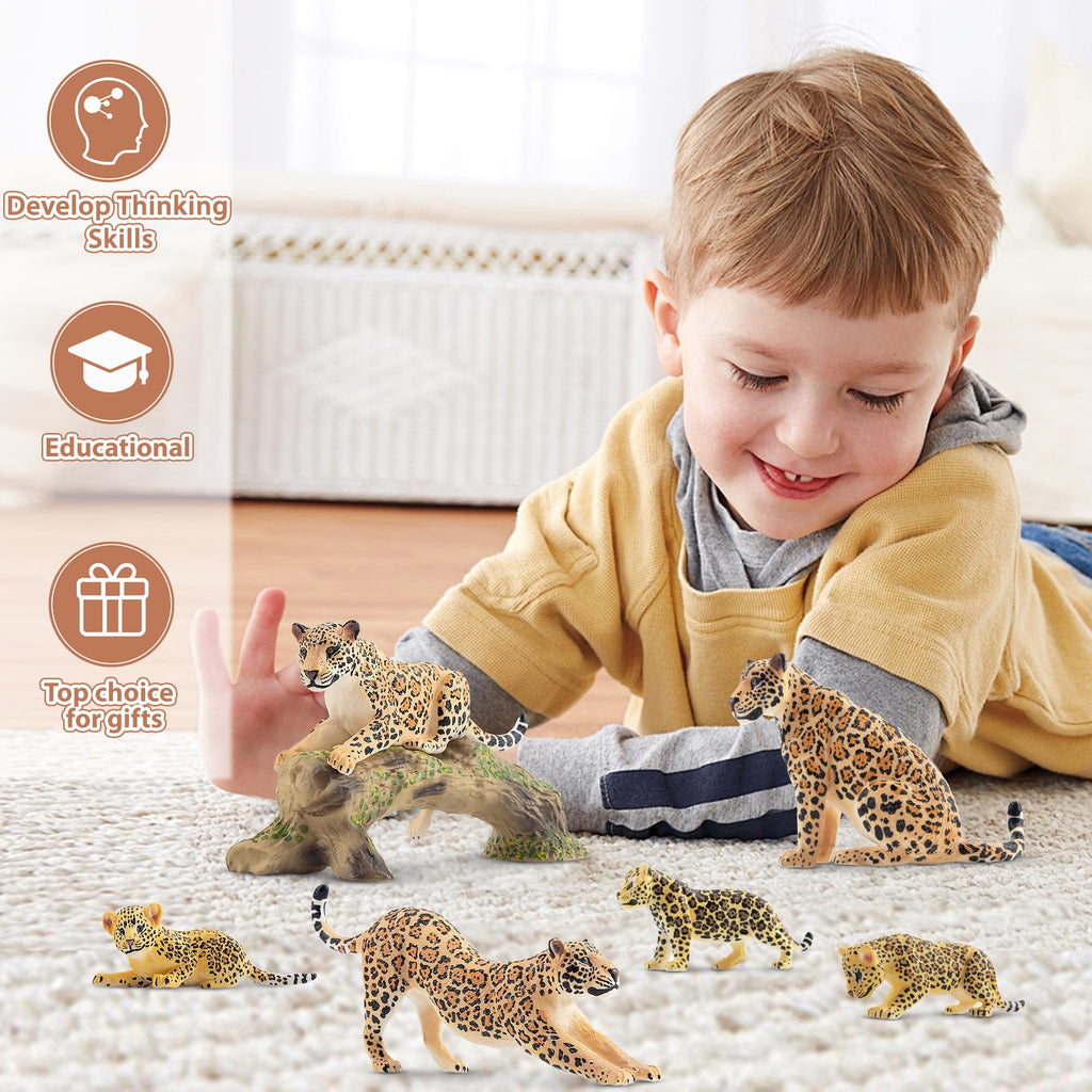 Toymany 7-Piece Leopards Family Figurines with Cubs and Tree Trunk – Realistic Jungle Animal Playset for Kids
