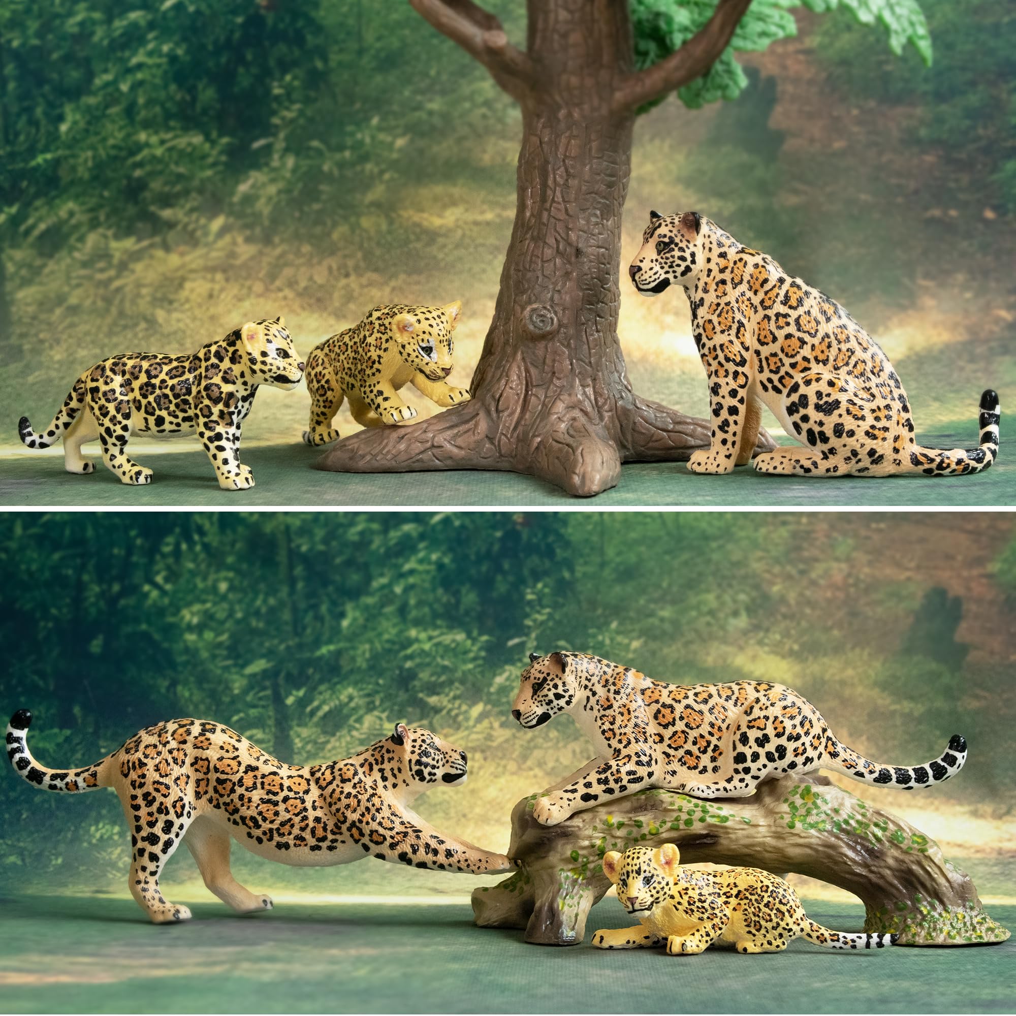 Toymany 7-Piece Leopards Family Figurines with Cubs and Tree Trunk – Realistic Jungle Animal Playset for Kids