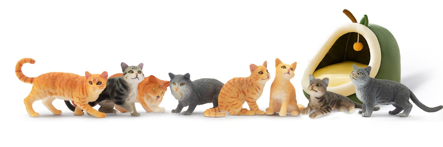 Toymany 8-Piece Realistic Cat Figurines Set - Hand Painted Orange & Grey Kittens for Cake Toppers, Birthday Gifts, and Educational Play