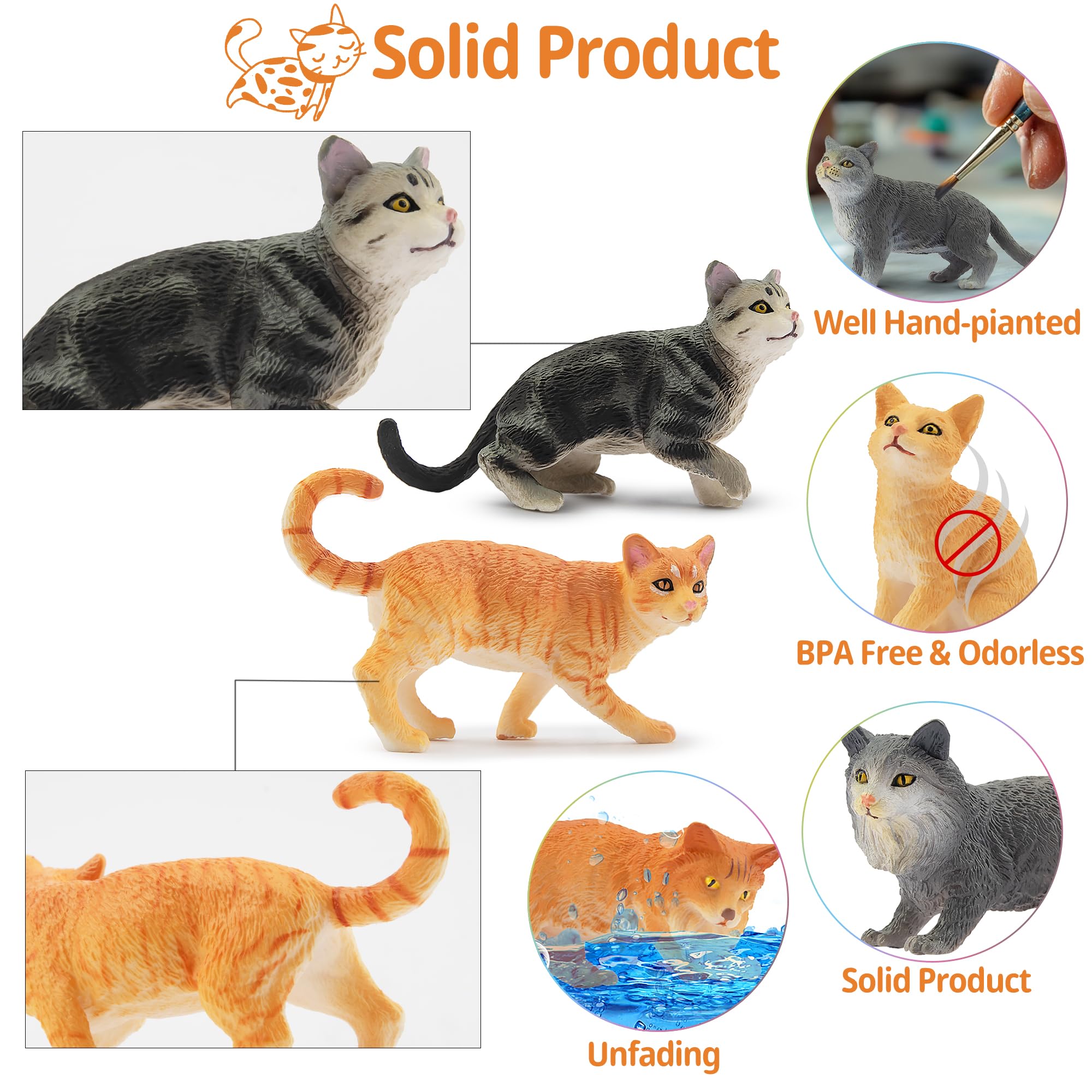 Toymany 8-Piece Realistic Cat Figurines Set - Hand Painted Orange & Grey Kittens for Cake Toppers, Birthday Gifts, and Educational Play