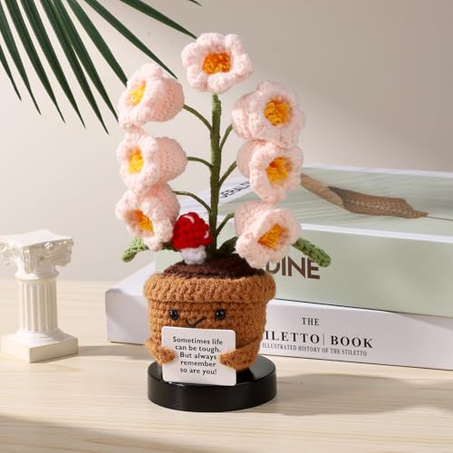 TOYMIS Crochet Positive Flower Pot - Bendable Knitted Plant Decor, 9x16cm, Wool, Motivational Gift