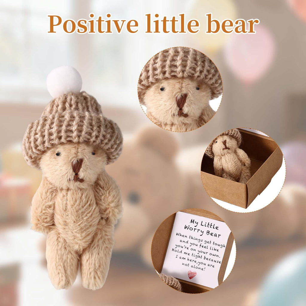 TOYMIS Mini Plush Worry Bear with Hat – Set of 2 Small Bears in Boxes with Encouragement Cards