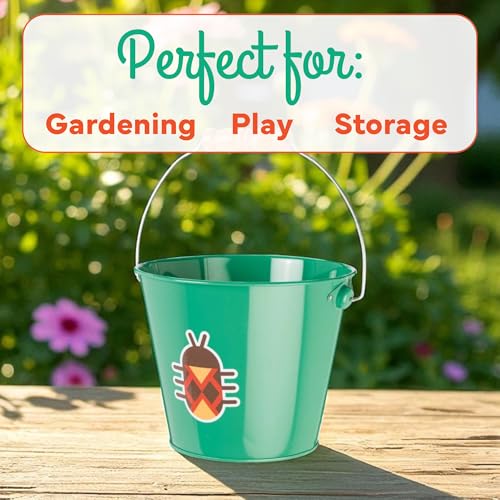 Toysmith 5-Inch Metal Garden & Beach Bucket for Kids – Bee & Beetle Designs