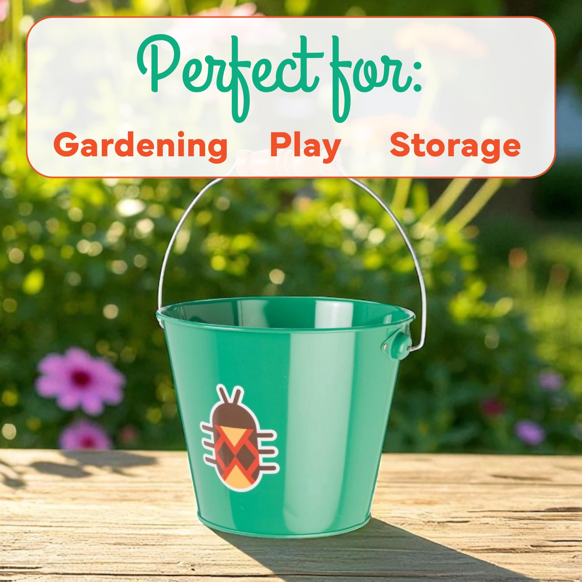 Toysmith 5-Inch Metal Garden & Beach Bucket for Kids – Bee & Beetle Designs