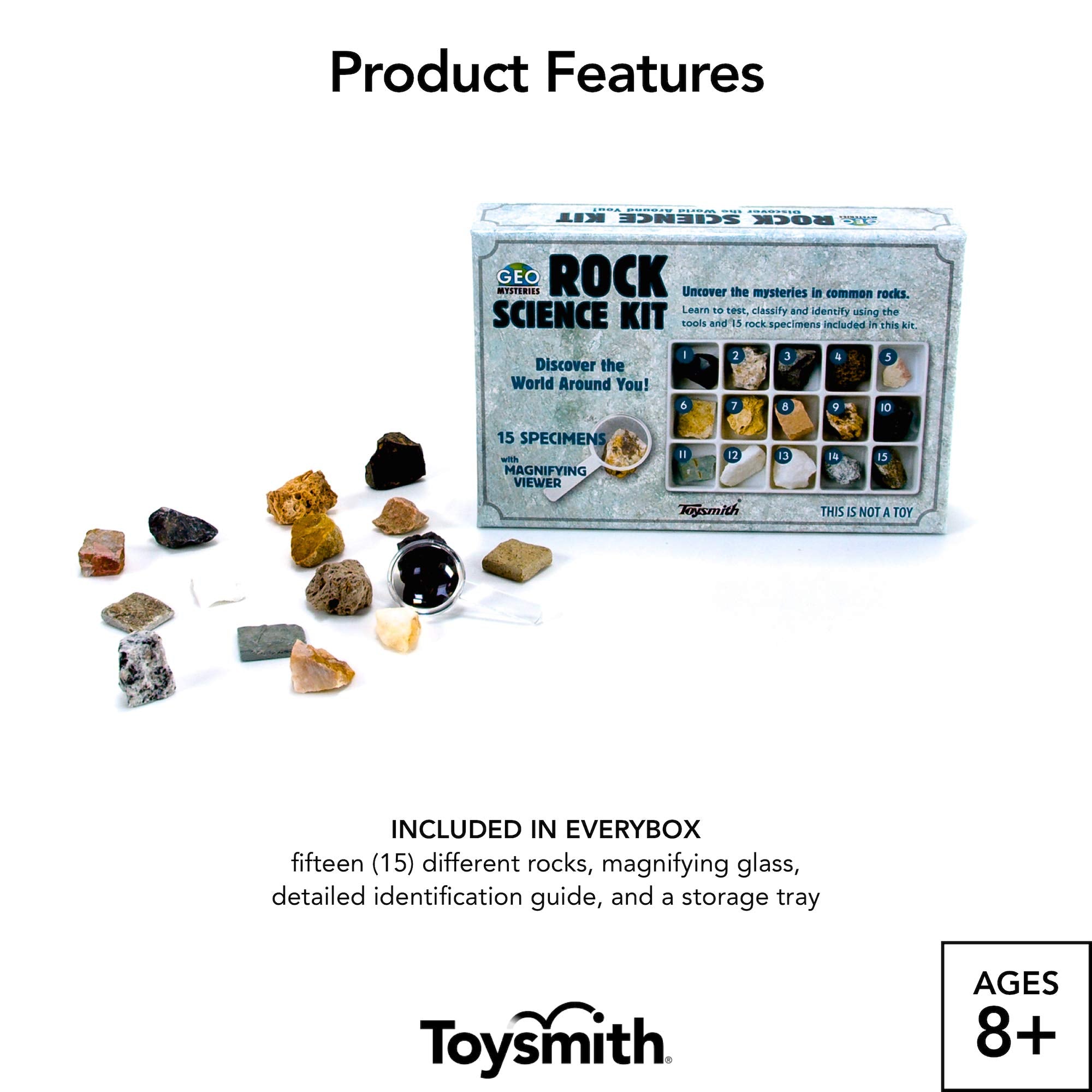 Toysmith Rock Science Kit – 15 Mineral Specimens with Magnifying Viewer & Identification Guide for Kids Ages 8+