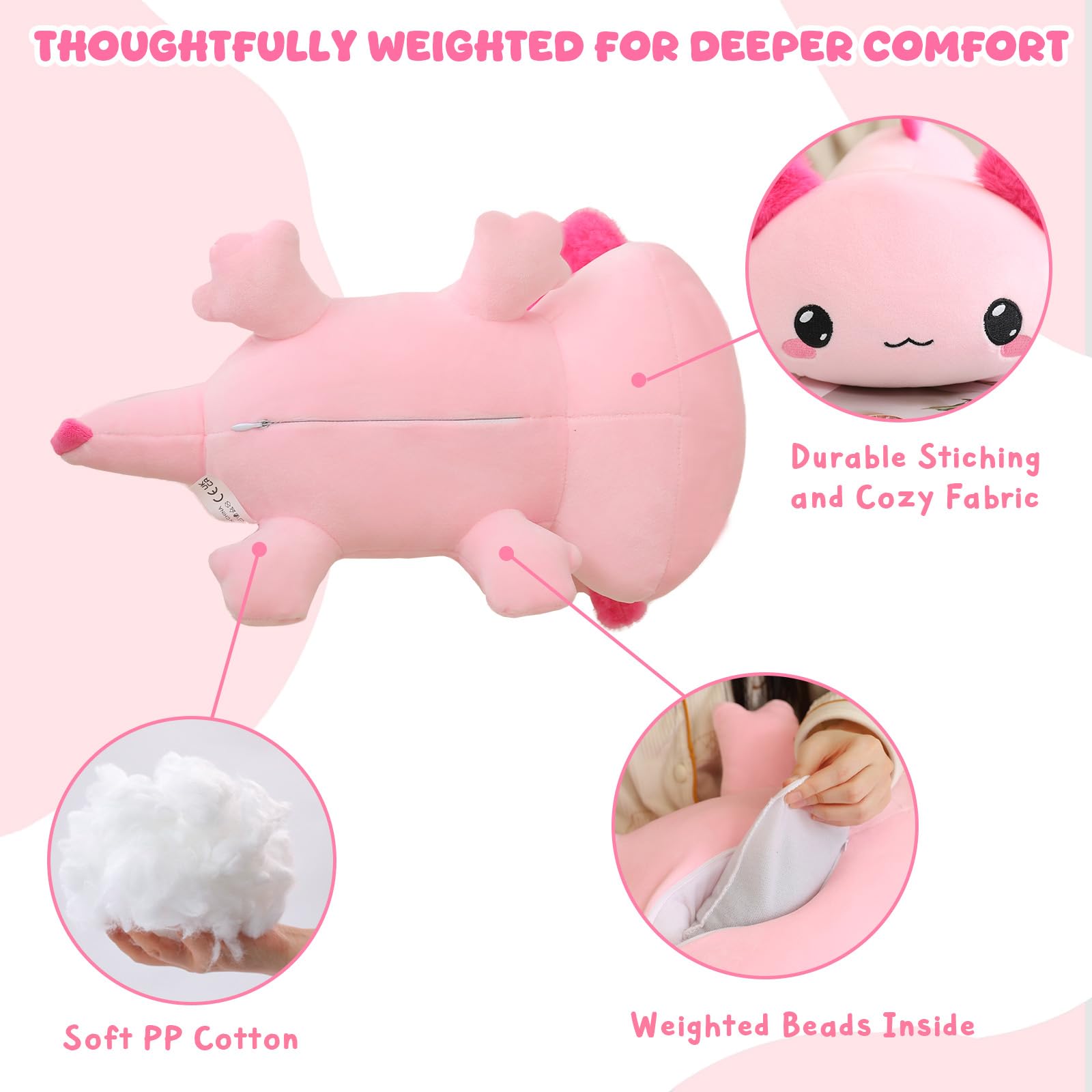 TOYSYM Weighted Axolotl Stuffed Animal – Soft Plush Toy with Weighted Beads, Cute Pillow for Kids and Adults