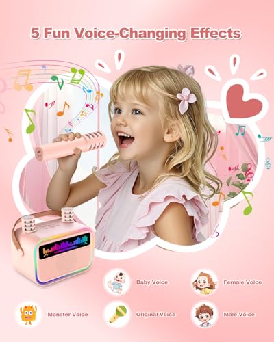 TOZDTO Pink Kids Karaoke Machine with 2 Wireless Mics, Bluetooth 5.3, Voice Effects, LED Lights, Built-In Mic Slots - Gift for Ages 3-12+