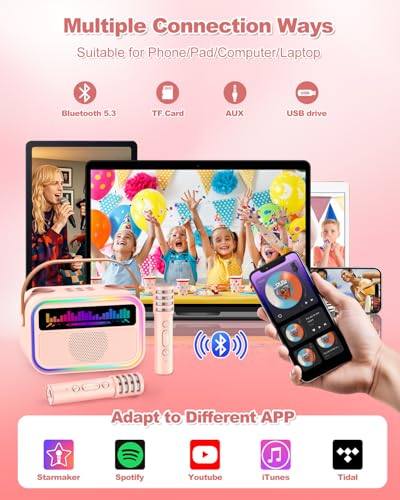 TOZDTO Pink Kids Karaoke Machine with 2 Wireless Mics, Bluetooth 5.3, Voice Effects, LED Lights, Built-In Mic Slots - Gift for Ages 3-12+