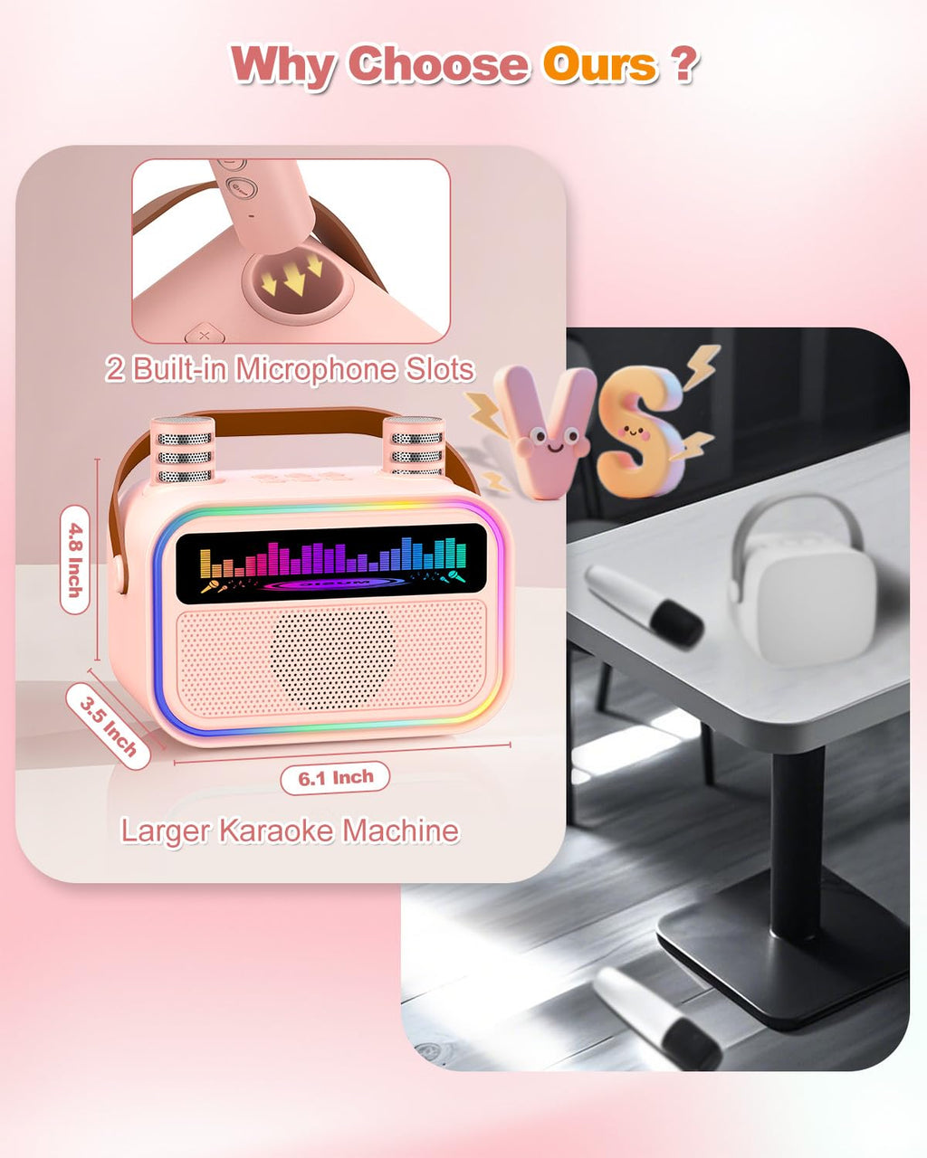 TOZDTO Pink Kids Karaoke Machine with 2 Wireless Mics, Bluetooth 5.3, Voice Effects, LED Lights, Built-In Mic Slots - Gift for Ages 3-12+