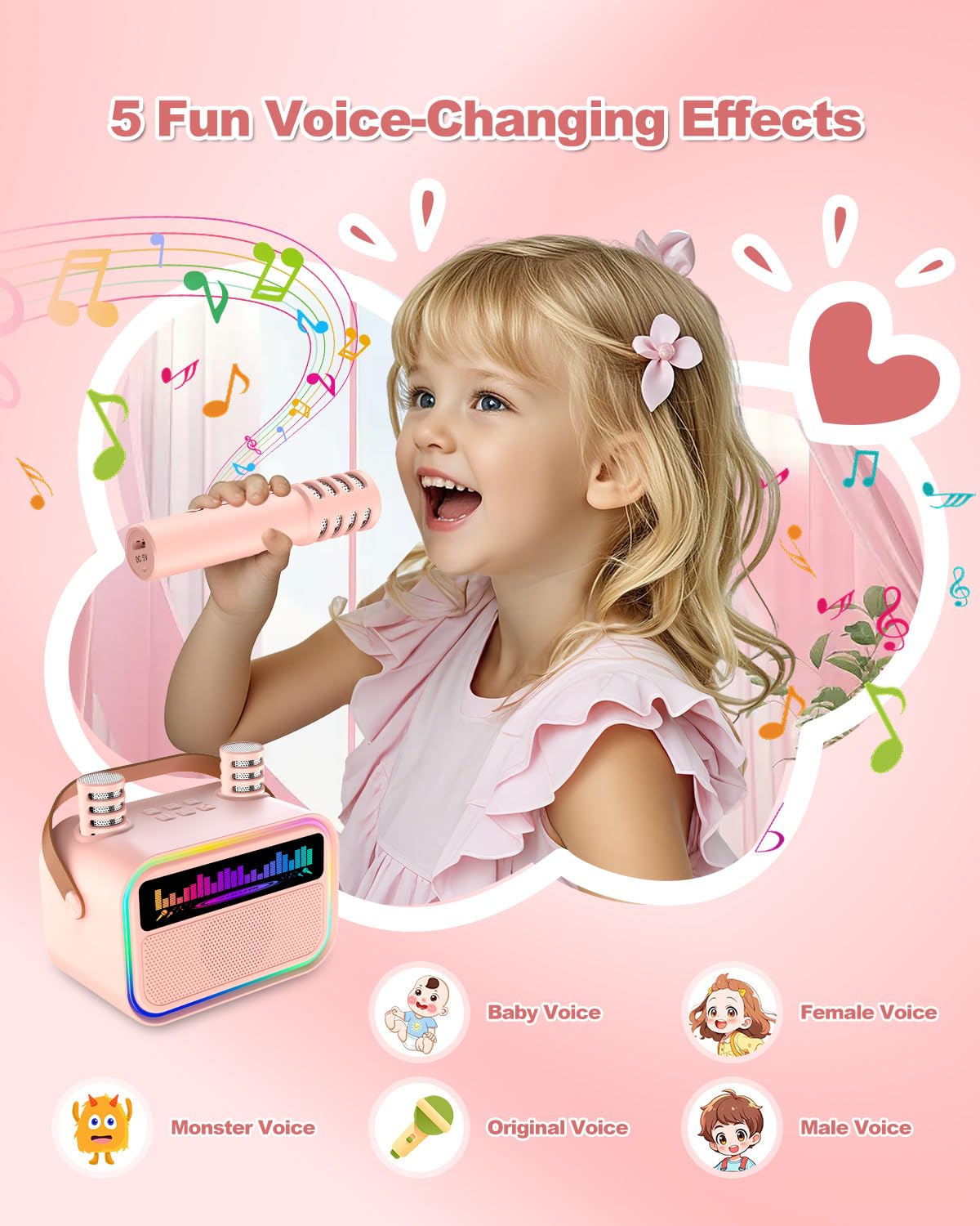 TOZDTO Pink Kids Karaoke Machine with 2 Wireless Mics, Bluetooth 5.3, Voice Effects, LED Lights, Built-In Mic Slots - Gift for Ages 3-12+