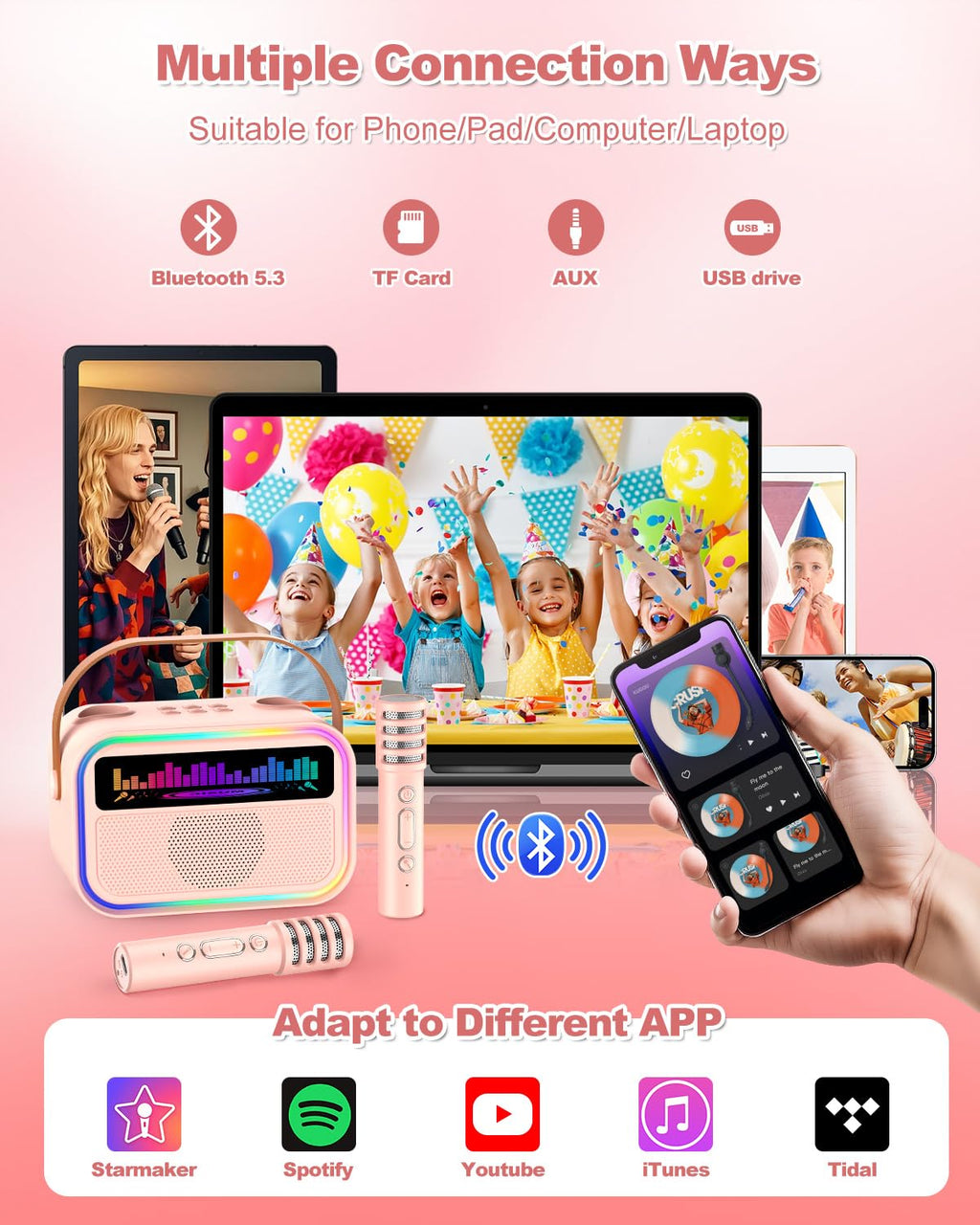 TOZDTO Pink Kids Karaoke Machine with 2 Wireless Mics, Bluetooth 5.3, Voice Effects, LED Lights, Built-In Mic Slots - Gift for Ages 3-12+