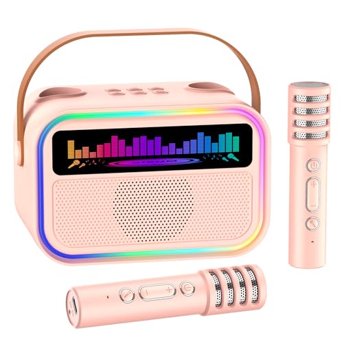 TOZDTO Pink Kids Karaoke Machine with 2 Wireless Mics, Bluetooth 5.3, Voice Effects, LED Lights, Built-In Mic Slots - Gift for Ages 3-12+