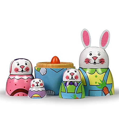 Tphon Handmade Wooden Nesting Dolls Set – 5-Piece Russian Matryoshka with Animal Patterns (Rabbits Theme)