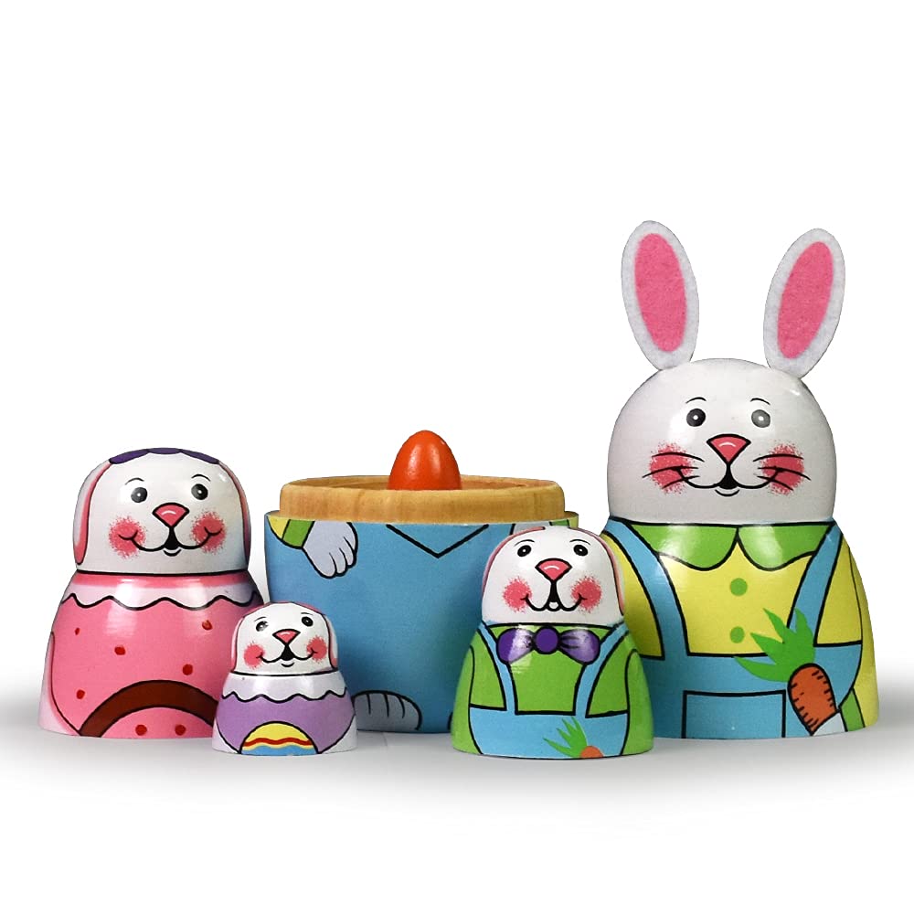 Tphon Handmade Wooden Nesting Dolls Set – 5-Piece Russian Matryoshka with Animal Patterns (Rabbits Theme)