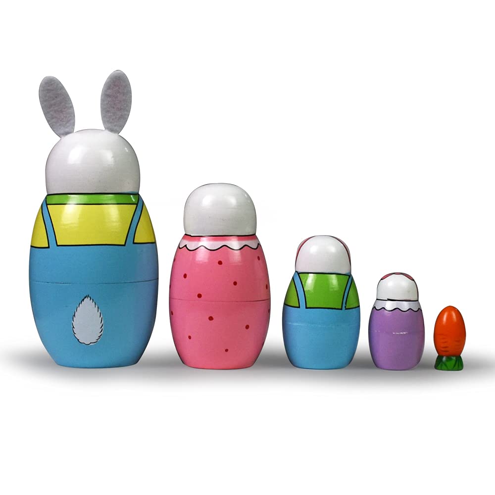 Tphon Handmade Wooden Nesting Dolls Set – 5-Piece Russian Matryoshka with Animal Patterns (Rabbits Theme)