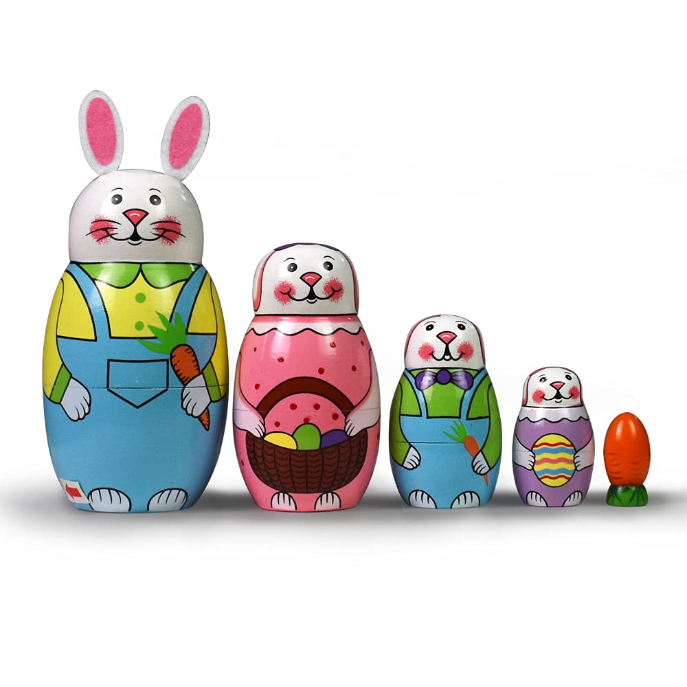 Tphon Handmade Wooden Nesting Dolls Set – 5-Piece Russian Matryoshka with Animal Patterns (Rabbits Theme)