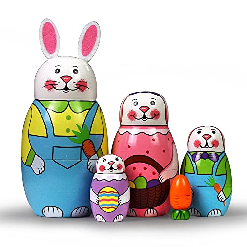 Tphon Handmade Wooden Nesting Dolls Set – 5-Piece Russian Matryoshka with Animal Patterns (Rabbits Theme)