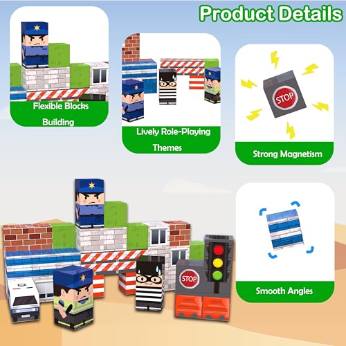 Traffic Theme Magnetic Blocks 45-Piece Set – Travel-Friendly STEM Building Cubes for Kids Ages 3+