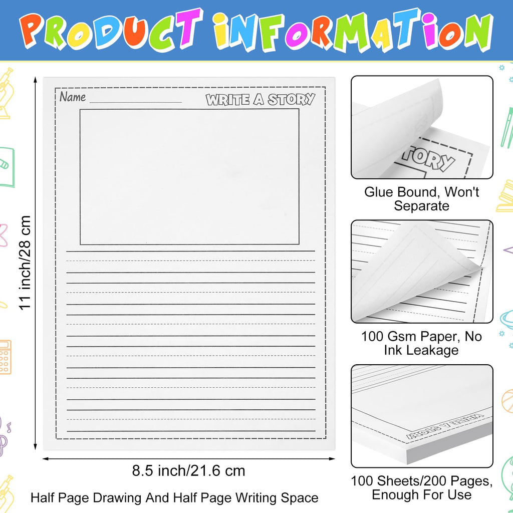 Trandraft 100 Sheets Story Writing Paper for Kids, 8.5x11 Half Drawing Half Lines Handwriting Practice, Preschool Kindergarten