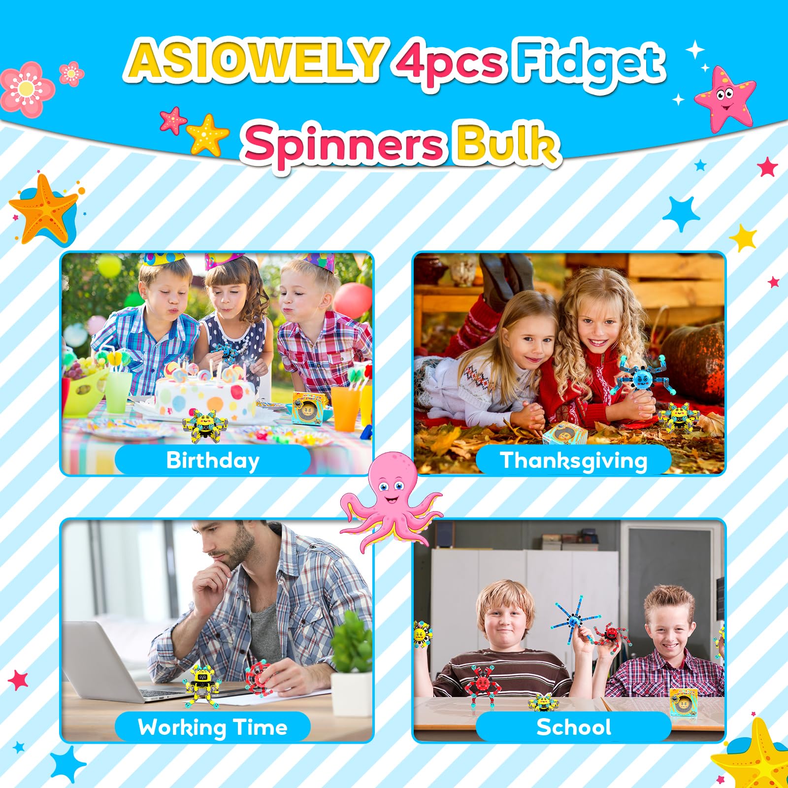 Transformable Fidget Spinner Toys for Kids & Adults - 4 Pack Sensory Stress Relief Gyros