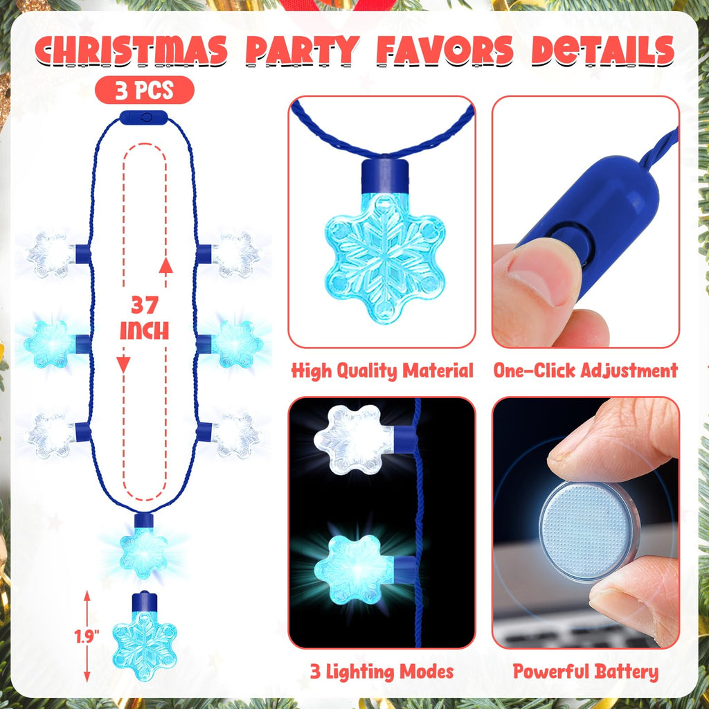 Traplace 3-Pack Christmas Light-Up Necklaces - Blue White Snowflakes, 3 Glow Modes