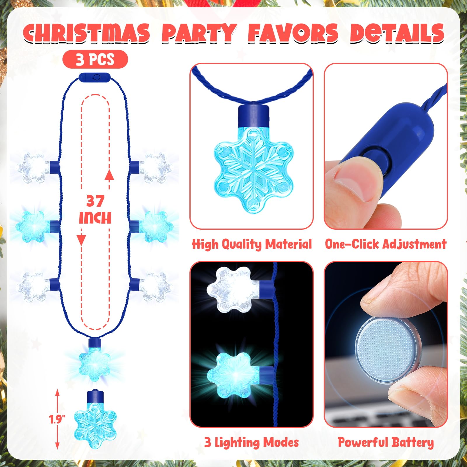 Traplace 3-Pack Christmas Light-Up Necklaces - Blue White Snowflakes, 3 Glow Modes
