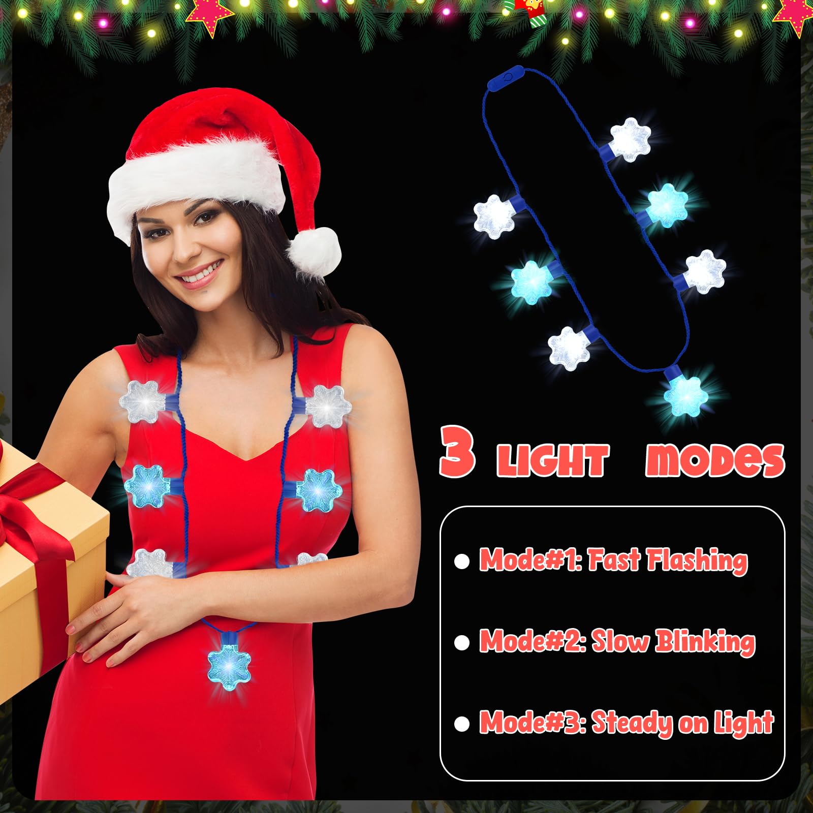 Traplace 3-Pack Christmas Light-Up Necklaces - Blue White Snowflakes, 3 Glow Modes
