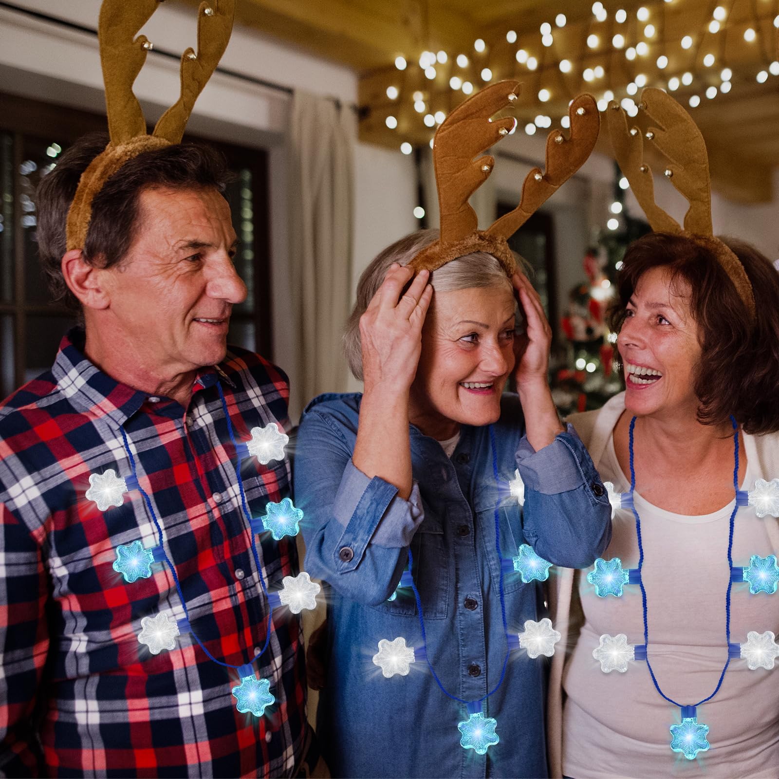 Traplace 3-Pack Christmas Light-Up Necklaces - Blue White Snowflakes, 3 Glow Modes