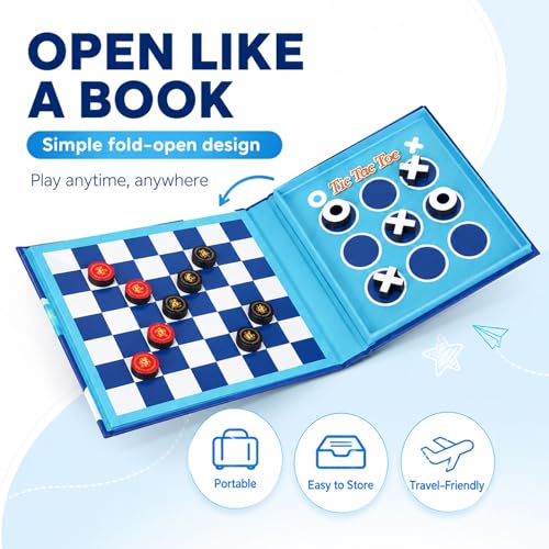 Travofun 2-in-1 Magnetic Travel Checkers and Tic Tac Toe Game – Foldable Road Trip & Plane Activity for Kids Ages 3-10