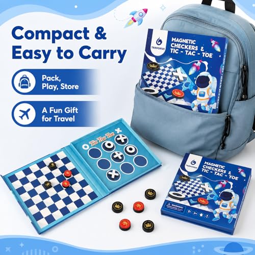 Travofun 2-in-1 Magnetic Travel Checkers and Tic Tac Toe Game – Foldable Road Trip & Plane Activity for Kids Ages 3-10