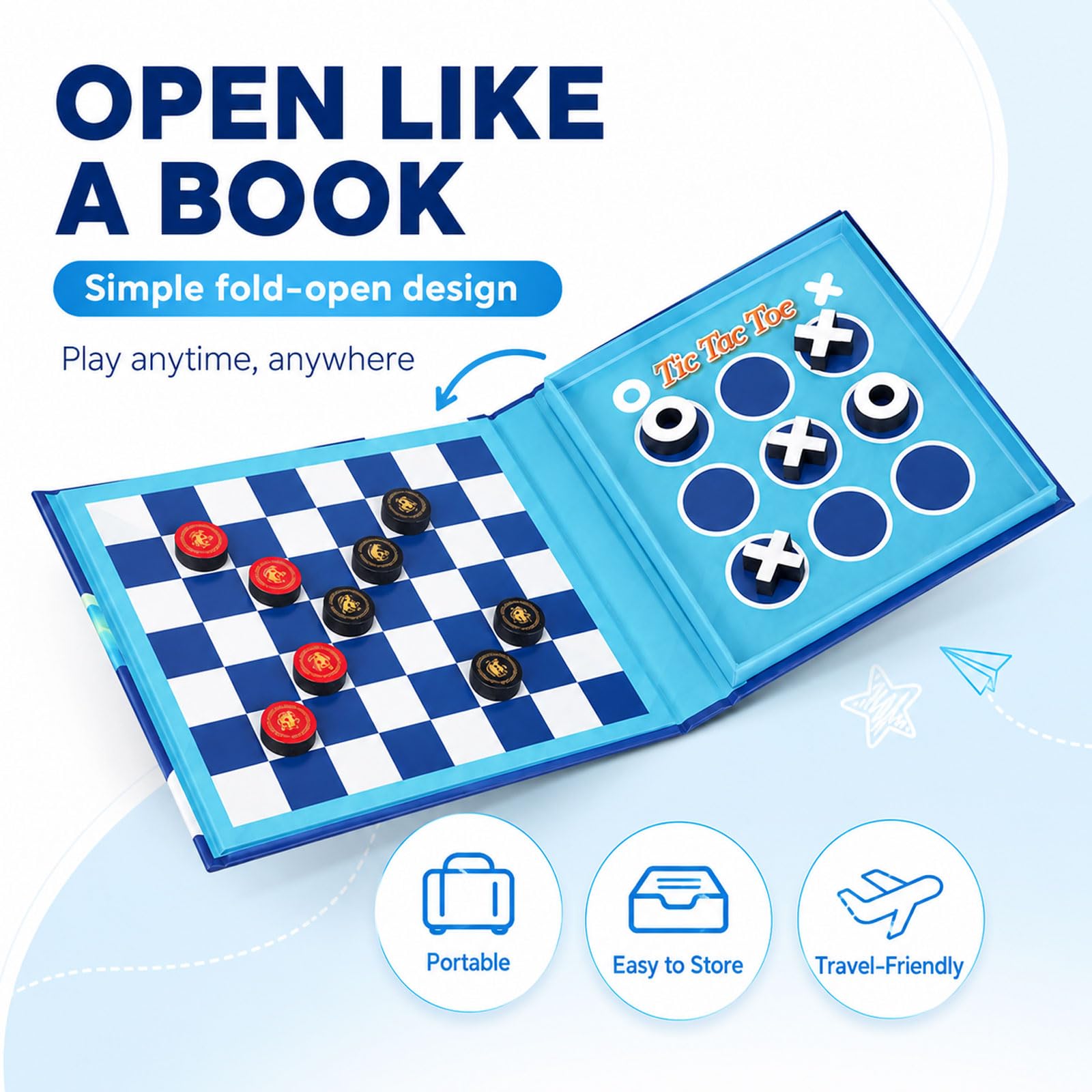 Travofun 2-in-1 Magnetic Travel Checkers and Tic Tac Toe Game – Foldable Road Trip & Plane Activity for Kids Ages 3-10
