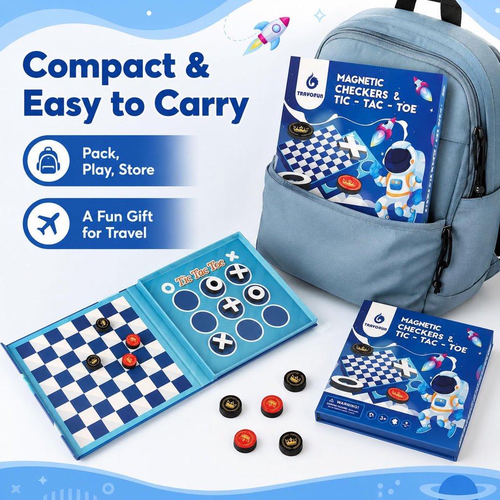 Travofun 2-in-1 Magnetic Travel Checkers and Tic Tac Toe Game – Foldable Road Trip & Plane Activity for Kids Ages 3-10