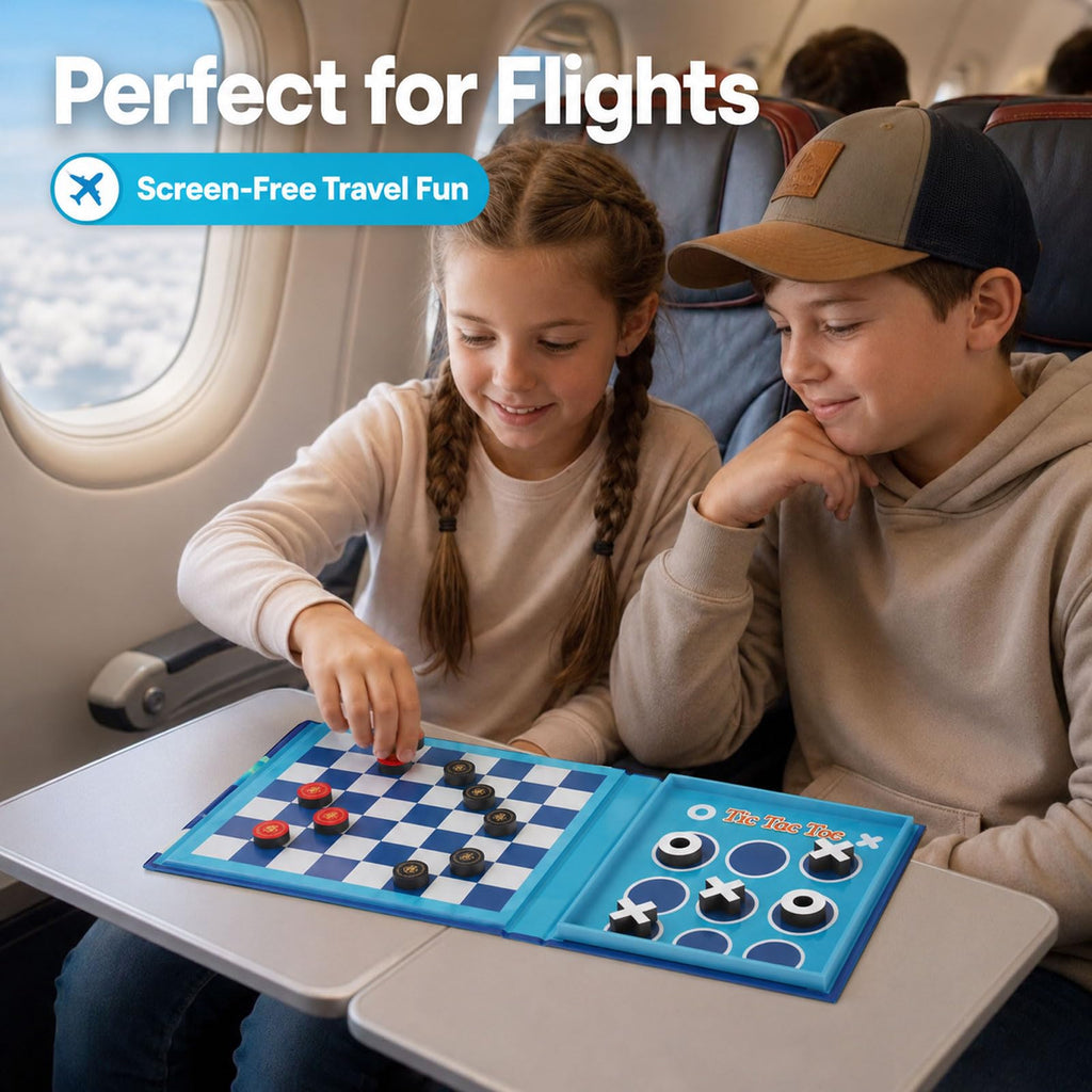 Travofun 2-in-1 Magnetic Travel Checkers and Tic Tac Toe Game – Foldable Road Trip & Plane Activity for Kids Ages 3-10