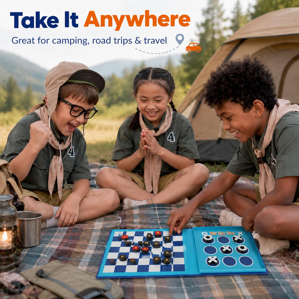 Travofun 2-in-1 Magnetic Travel Checkers and Tic Tac Toe Game – Foldable Road Trip & Plane Activity for Kids Ages 3-10