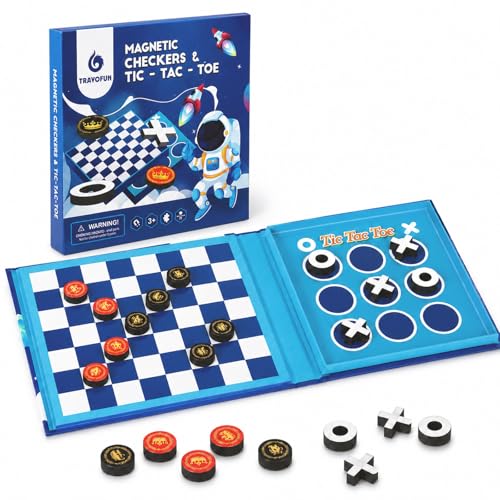 Travofun 2-in-1 Magnetic Travel Checkers and Tic Tac Toe Game – Foldable Road Trip & Plane Activity for Kids Ages 3-10
