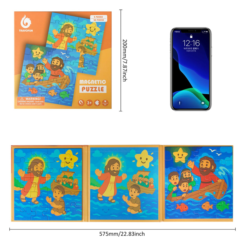 TRAVOFUN Magnetic Bible Puzzles for Kids Ages 3-5 – Jesus Walking on Water & Calming the Storm, 2-Pack Jigsaw Book, Christian Gifts for Toddlers