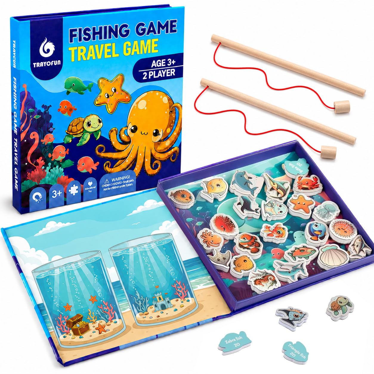 TRAVOFUN Magnetic Fishing Game Book – Travel Toy for Kids 3-8 with 2 Poles, 27 Ocean Fish, and Math Learning