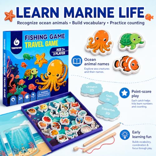TRAVOFUN Magnetic Fishing Game Book – Travel Toy for Kids 3-8 with 2 Poles, 27 Ocean Fish, and Math Learning