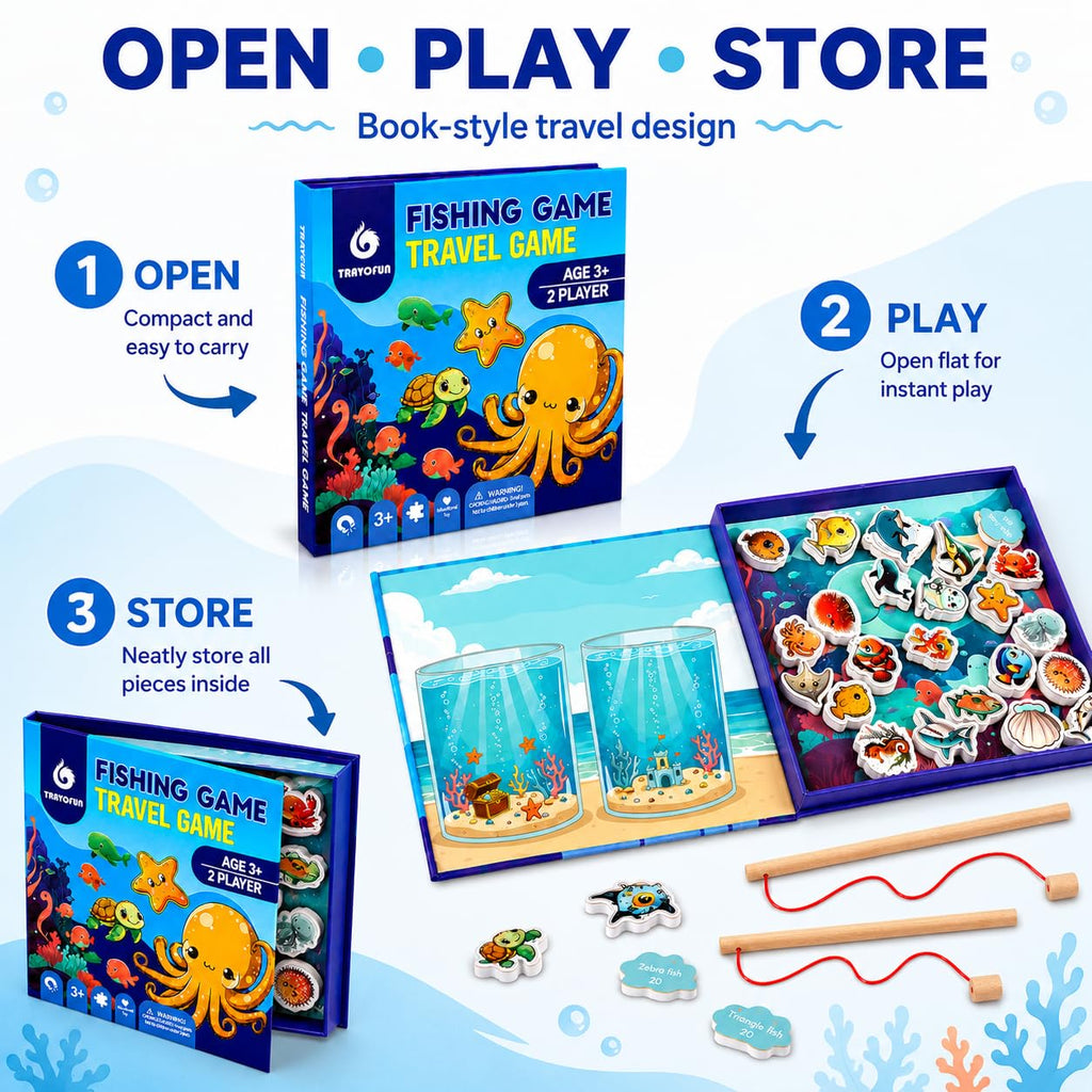 TRAVOFUN Magnetic Fishing Game Book – Travel Toy for Kids 3-8 with 2 Poles, 27 Ocean Fish, and Math Learning