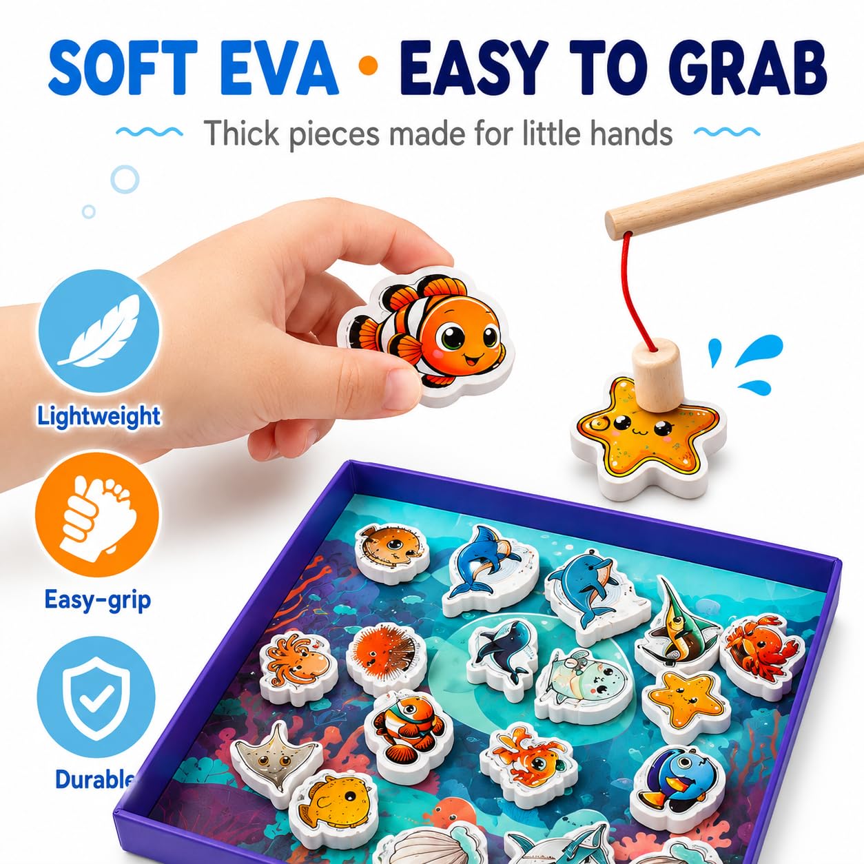 TRAVOFUN Magnetic Fishing Game Book – Travel Toy for Kids 3-8 with 2 Poles, 27 Ocean Fish, and Math Learning
