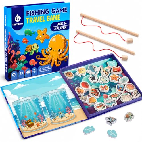 TRAVOFUN Magnetic Fishing Game Book – Travel Toy for Kids 3-8 with 2 Poles, 27 Ocean Fish, and Math Learning