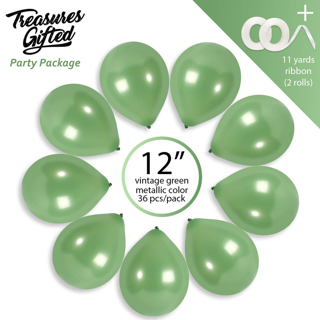 Treasures Gifted 12-Inch Metallic Sage Green Balloons – 36 Pack with Ribbon for Parties, Weddings, and Celebrations