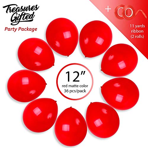 Treasures Gifted Matte Red Balloons 12 Inch - Bulk 36 Pack with Ribbon