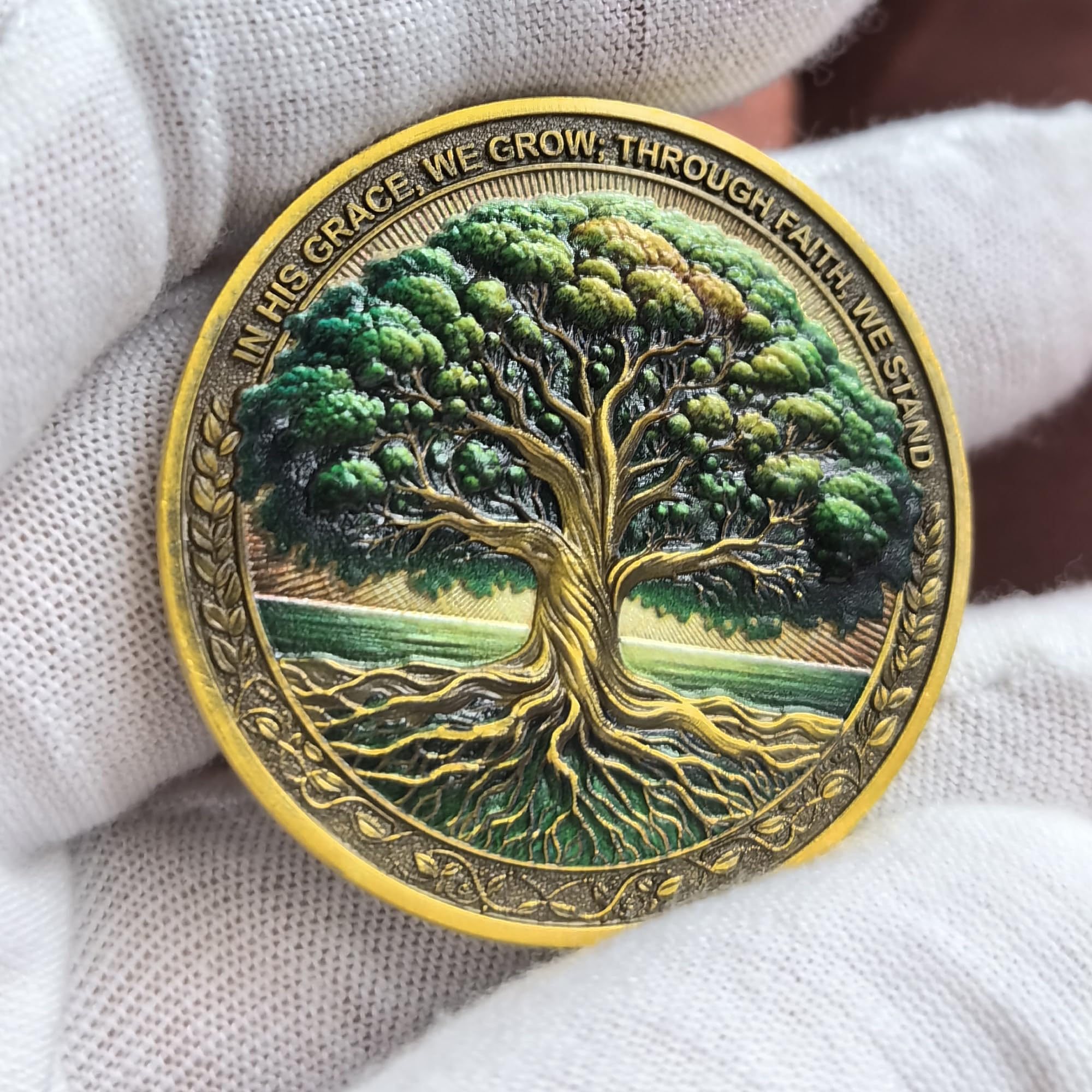 Tree of Faith Christian Challenge Coin – Gold Finish with Colossians 2:6-7 Verse